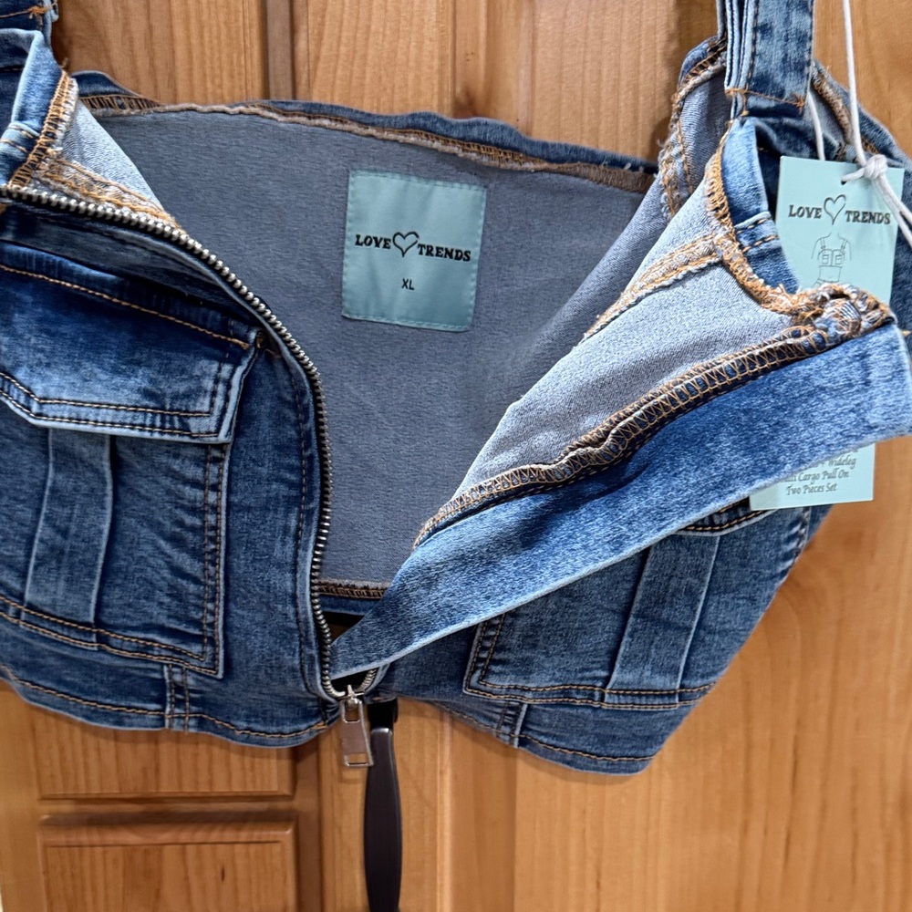 Denim Corset Top Cargo Pocket Zip Front Y2K Festival Crop XL 40” Bust - Picture 7 of 10